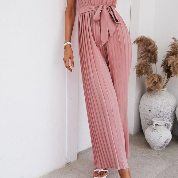 Pink Boho Womens Solid Pleated Belted Halter Jumpsuit - Picture 5 of 5